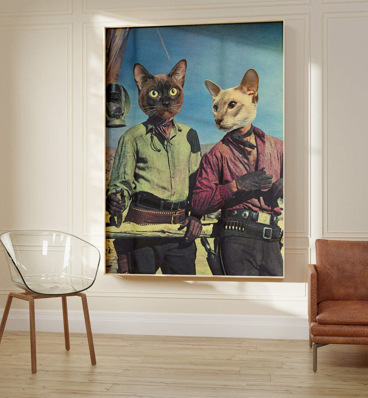 Double Trouble Surreal Art Painting Artwork in plain oakwood frame beside a sofa