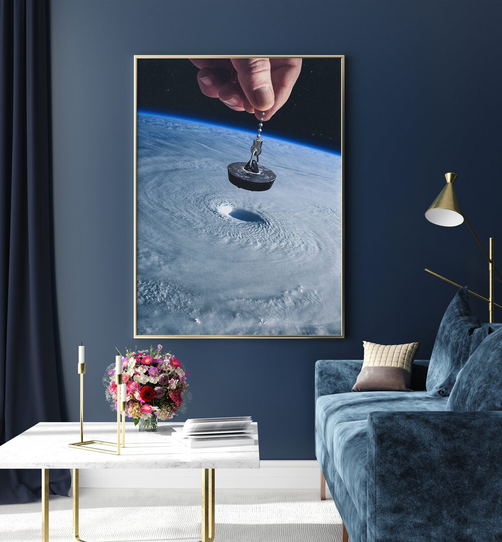 Down The Drain Surreal Painting, Surreal Art Artwork in Gold Plain Frame placed on a Blue Wall in the Living Room