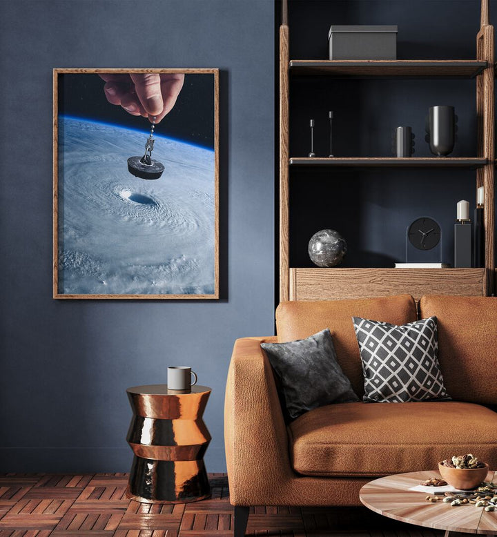 Down The Drain Surreal Painting, Surreal Art Artwork in Oak Wood Plain Frame placed on a Blue Wall in the Living Room