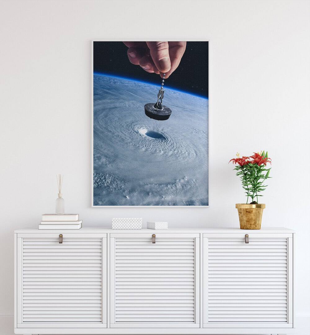 Down The Drain Surreal Painting, Surreal Art Artwork in White Plain Frame placed on a White WallvAbove a White Console Table