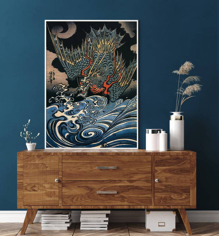 DRAGON FLYING ABOVE TURBULENT WAVES , VINTAGE PAINTINGS