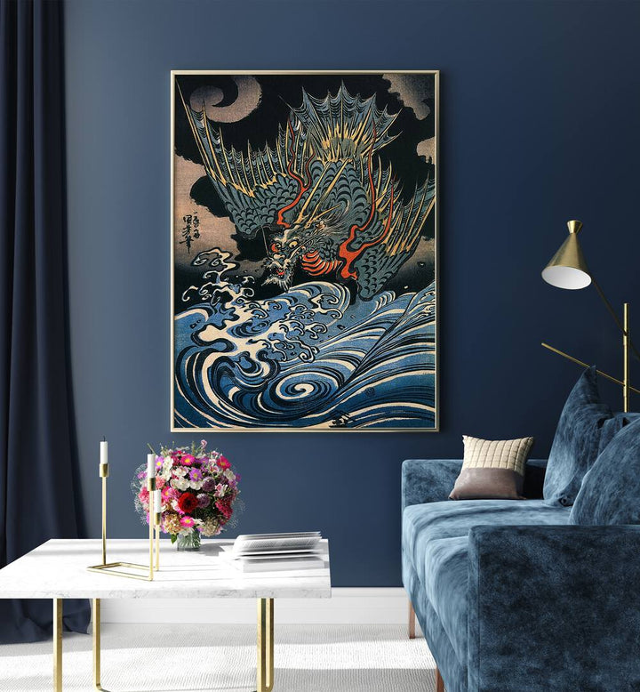 DRAGON FLYING ABOVE TURBULENT WAVES , VINTAGE PAINTINGS