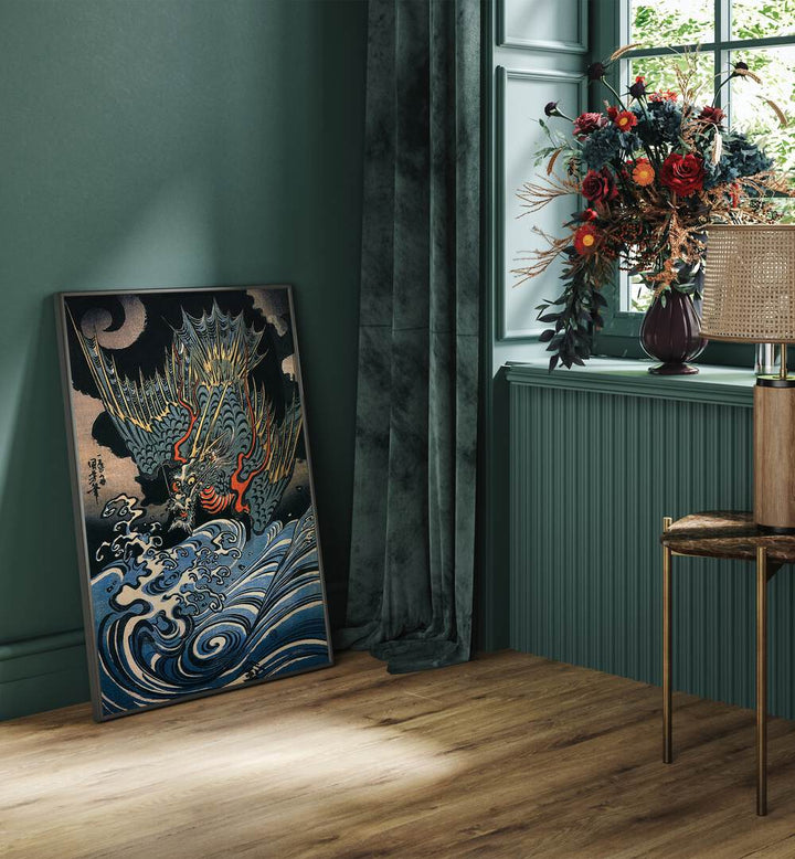 DRAGON FLYING ABOVE TURBULENT WAVES , VINTAGE PAINTINGS