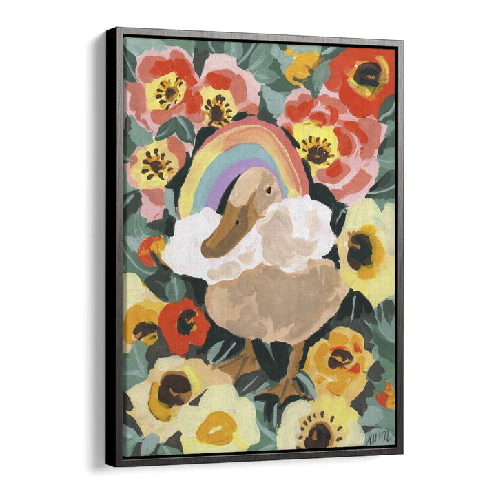 Duck With Rainbow  By Ania Zwara Botanical Flower Paintings Artwork  in Black Floater Frame