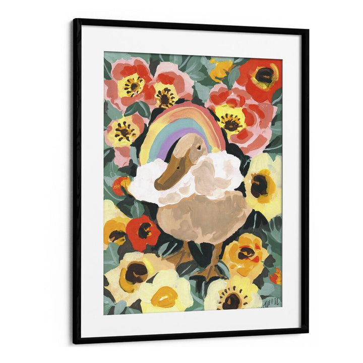 Duck With Rainbow By Ania Zwara Botanical Flower Paintings Artwork  in Black Frame With Mount