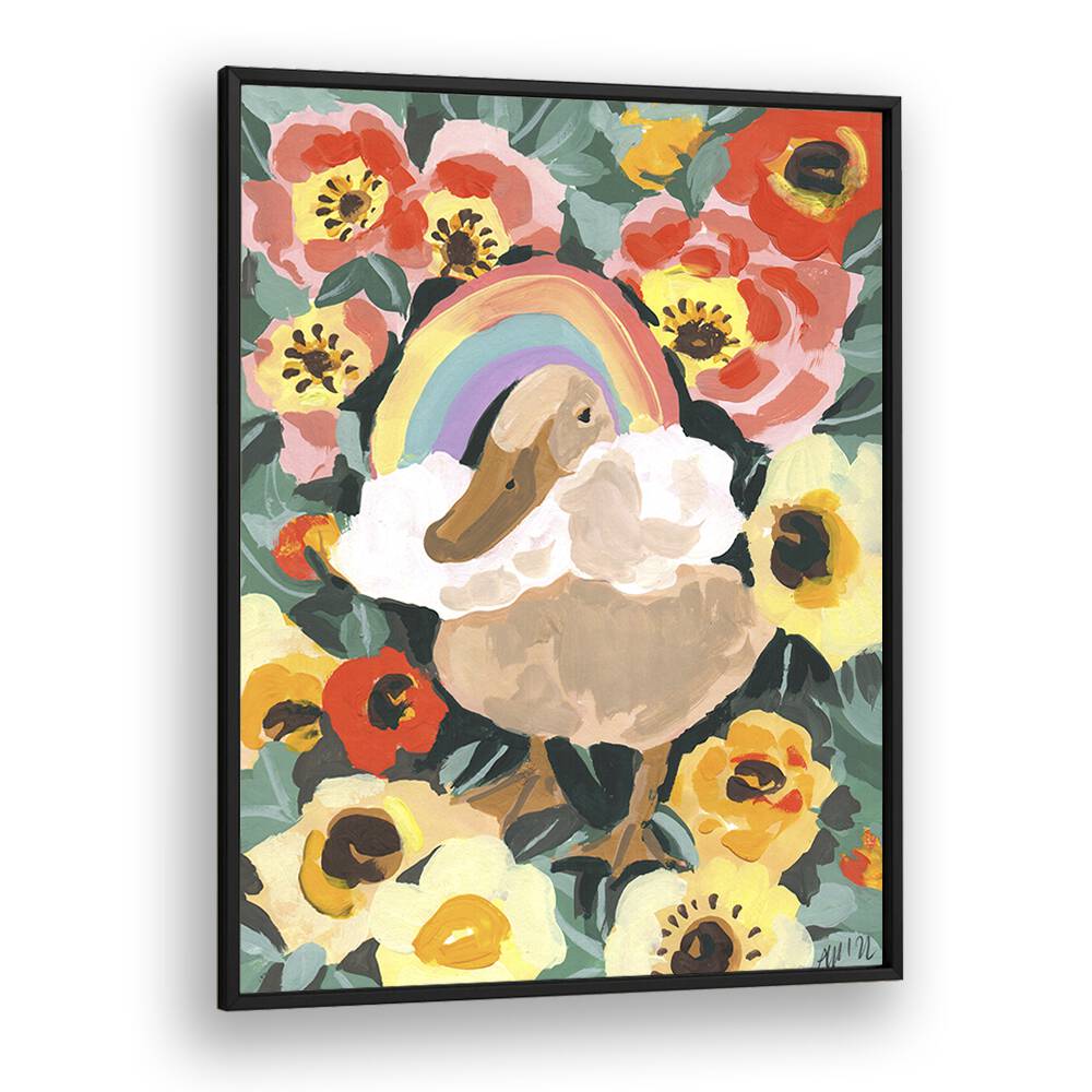 Duck With Rainbow By Ania Zwara Botanical Flower Paintings Artwork  in Black Plain Frame