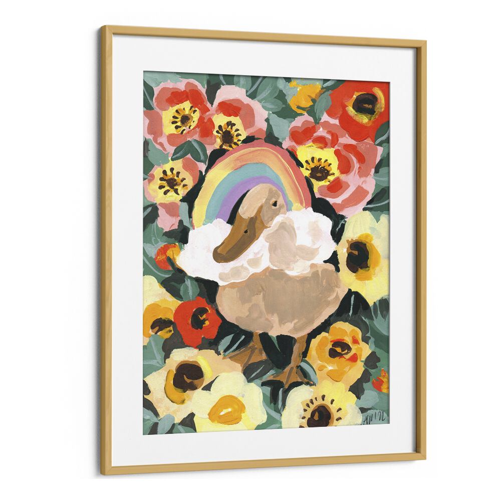 Duck With Rainbow By Ania Zwara Botanical Flower Paintings Artwork in Oak Wood Frame With Mount