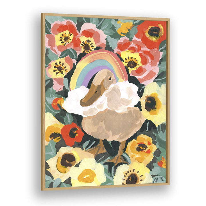 Duck With Rainbow By Ania Zwara Botanical Flower Paintings Artwork in Oak Wood Plain Frame