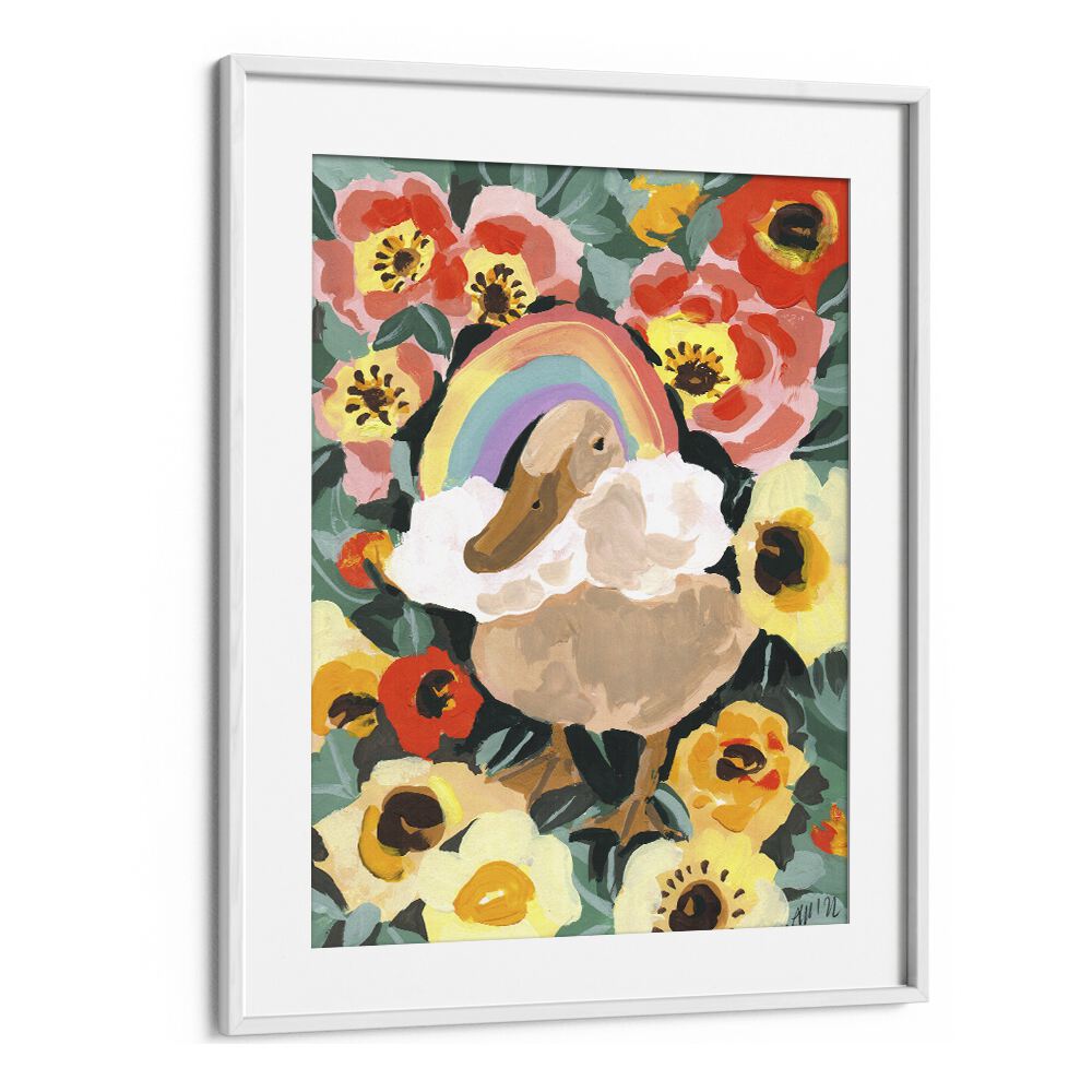 Duck With Rainbow By Ania Zwara Botanical Flower Paintings Artwork  in White frame With Mount