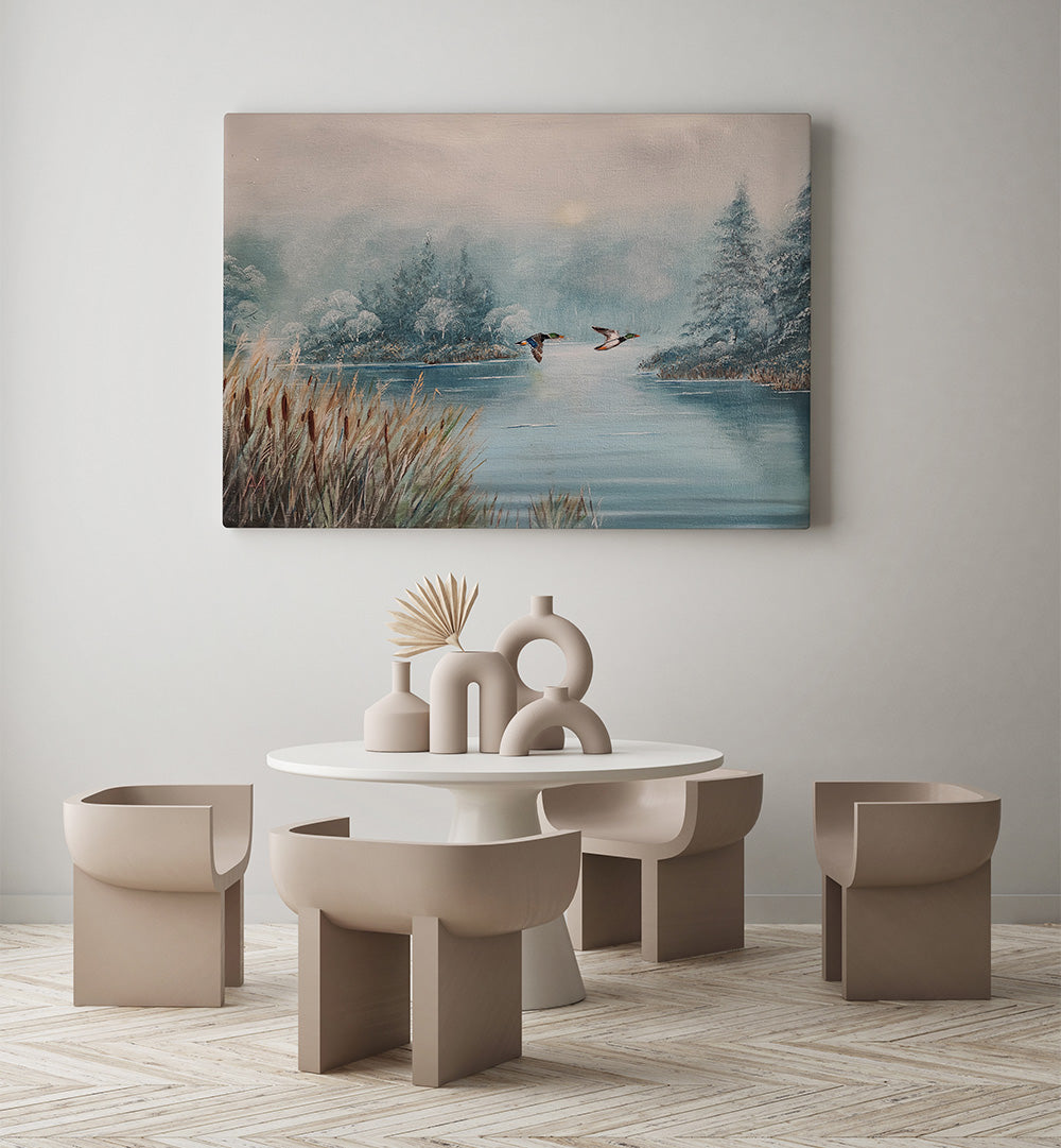 DUCKS OVER WINTER LAKE