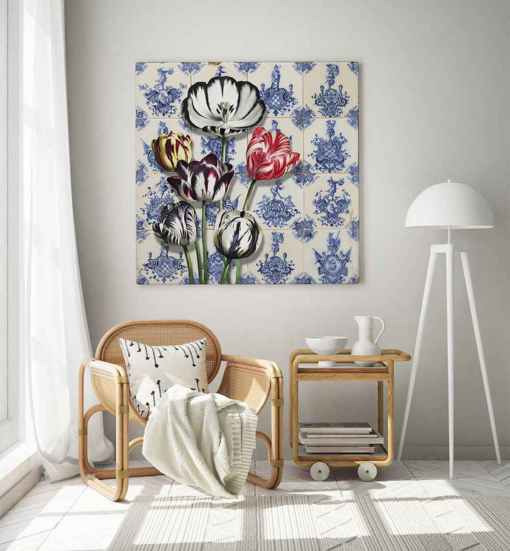 DUTCH TULIPS ON TILES , FLORAL FLOWER PAINTINGS