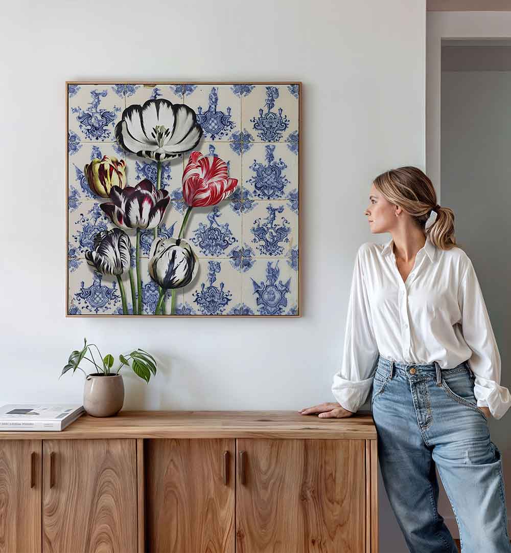 DUTCH TULIPS ON TILES , FLORAL FLOWER PAINTINGS
