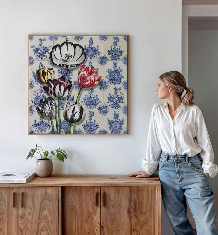 DUTCH TULIPS ON TILES , FLORAL FLOWER PAINTINGS