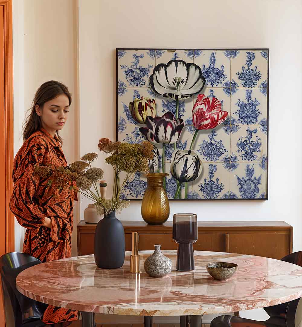 DUTCH TULIPS ON TILES , FLORAL FLOWER PAINTINGS