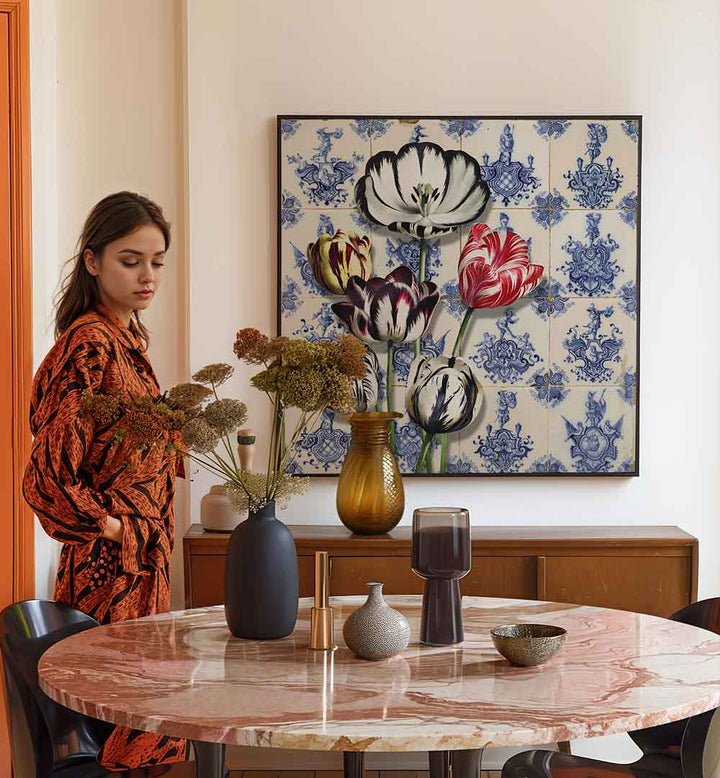 DUTCH TULIPS ON TILES , FLORAL FLOWER PAINTINGS