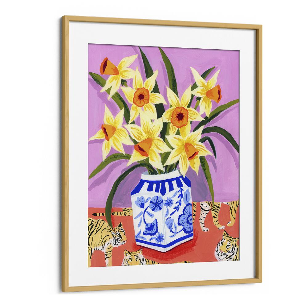 Daffodils By Sarah Gesek Kitchen Art Prints in Oak Wood Frame With Mount