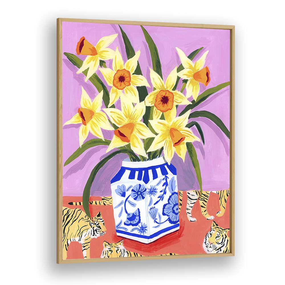 Daffodils By Sarah Gesek Kitchen Art Prints in Oak Wood Plain Frame