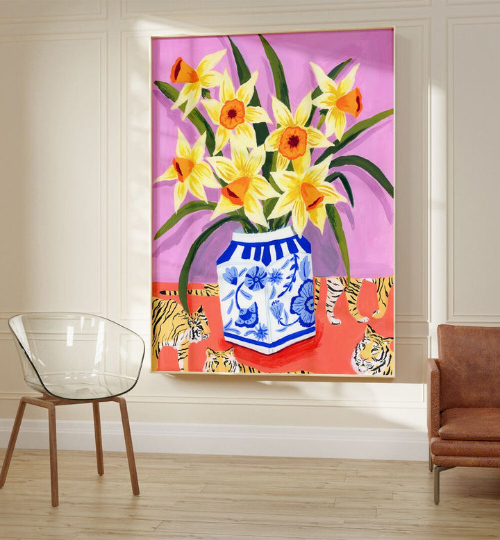 Daffodils By Sarah Gesek Kitchen Posters Kitchen Art Prints in Oak Wood Plain Frame placed on the wall between a chair and a sofa