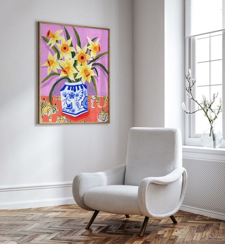 Daffodils By Sarah Gesek Kitchen Posters Kitchen Art Prints in Oak Wood Plain Frame placed on a white wall beside a sofa and a window