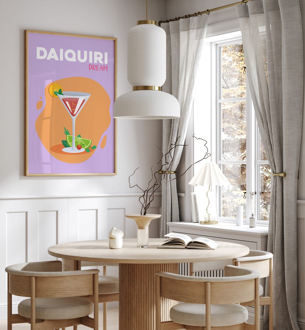 Daiquiri Dream Cafe Art Prints Cafe Posters in Oak Wood Plain Frame placed on a wall in a dining room area beside a window and behind a dining table