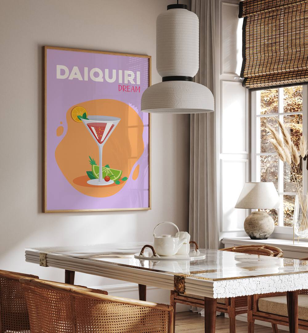 Daiquiri Dream Cafe Art Prints Cafe Posters in Oak Wood Plain Frame placed on a wall in a dining room area beside a window and behind a dining table