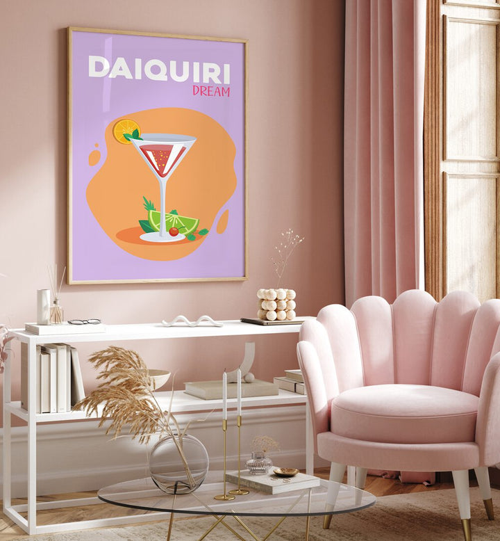 Daiquiri Dream Cafe Art Prints Cafe Posters in Oak Wood Plain Frame placed on a wall behind a table