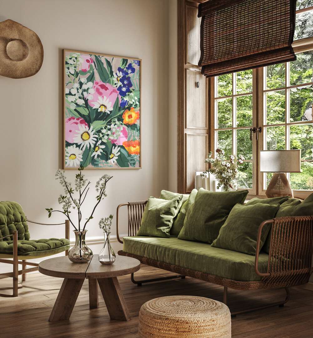 Daisies On Green Grass By Ania Zwara Botanical Art Prints Floral Paintings in Oak Wood Plain Frame placed on a Cream Colored Wall near a Green Sofa in the Living Room