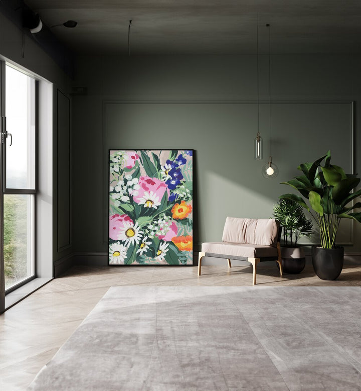 Daisies On Green Grass By Ania Zwara Botanical Art Prints Floral Paintings in Black Plain Frame placed on the floor near a Green Colored Wall in the Drawing Room