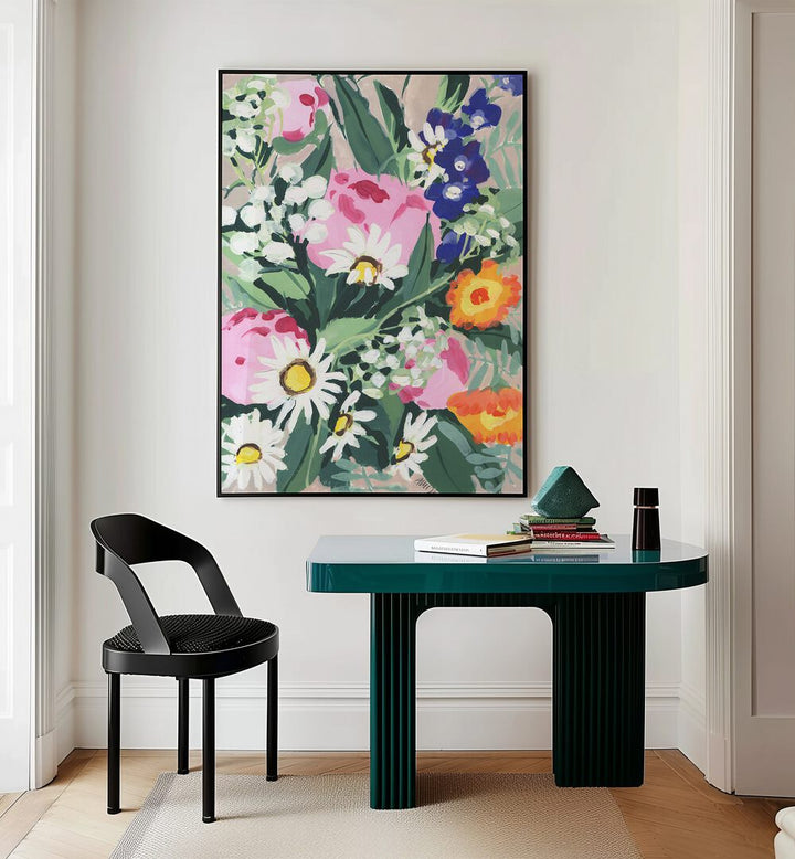 Daisies On Green Grass By Ania Zwara Botanical Art Prints Floral Paintings in Black Plain Frame placed on a Cream Colored Wall near a Table in a Workspace in the Drawing Room