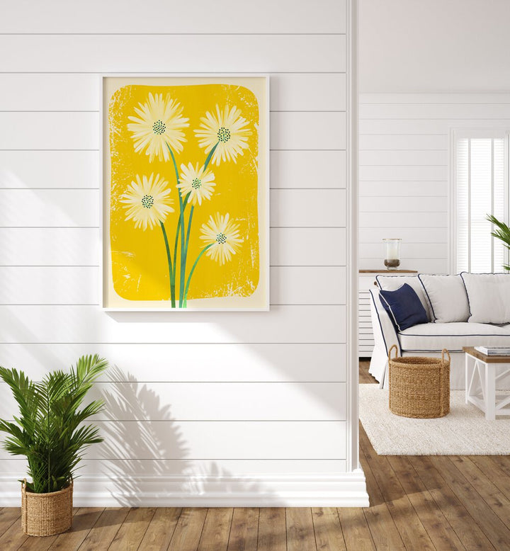 Daisy Bouquet by Kristian Gallagher Botanical Flower Paintings Floral Paintings in White Plain Frame placed on a wall beside a plant