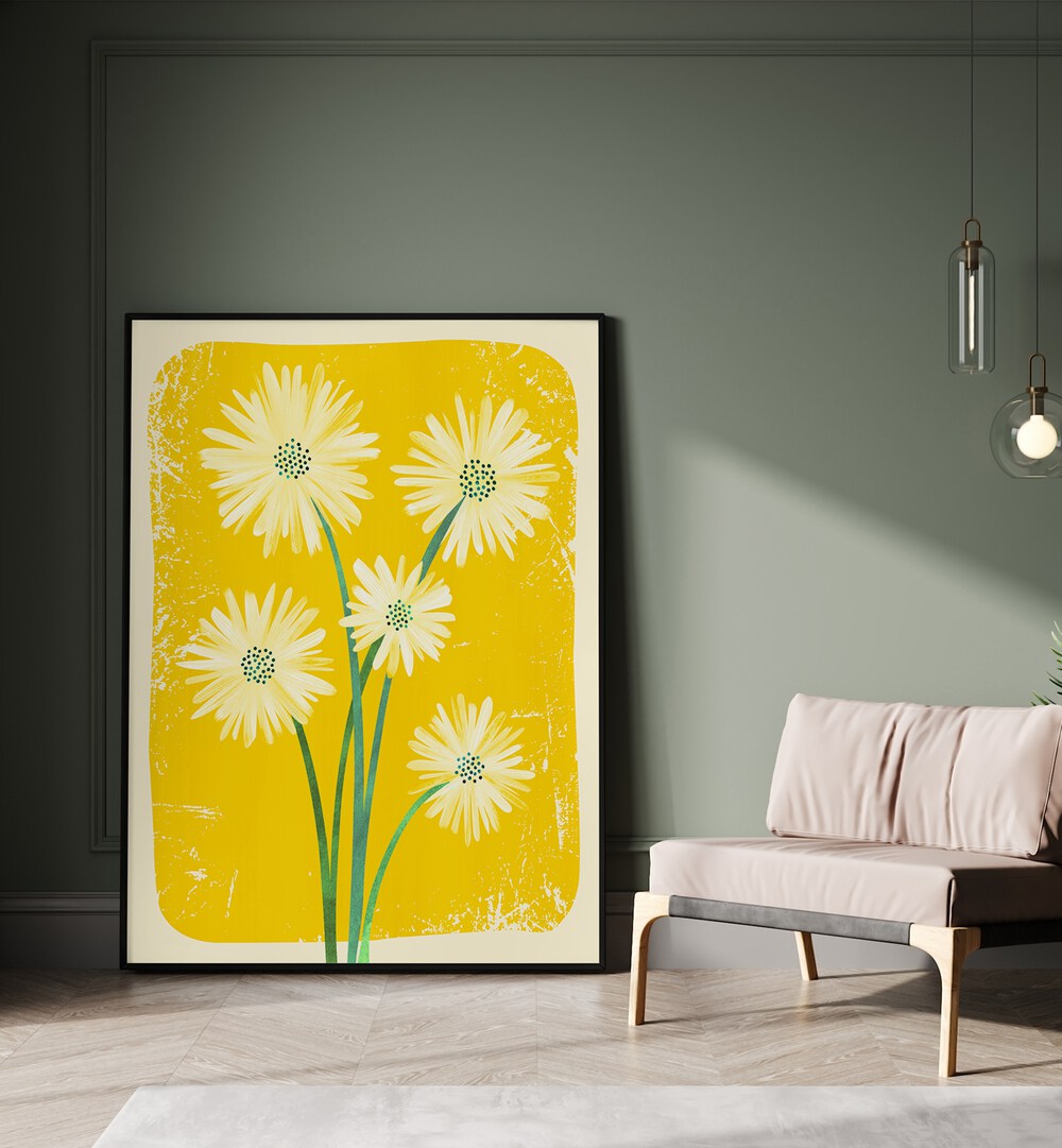 Daisy Bouquet by Kristian Gallagher Botanical Flower Paintings Floral Paintings in Black Plain Frame placed on the floor beside a sofa