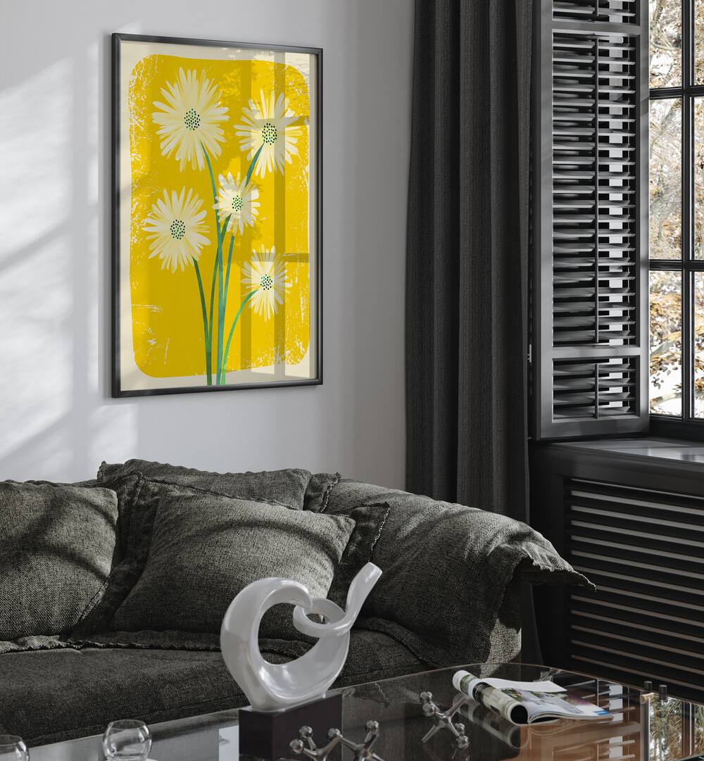 Daisy Bouquet by Kristian Gallagher Botanical Flower Paintings Floral Paintings in Black Plain Frame placed on a wall behind a sofa and beside a window