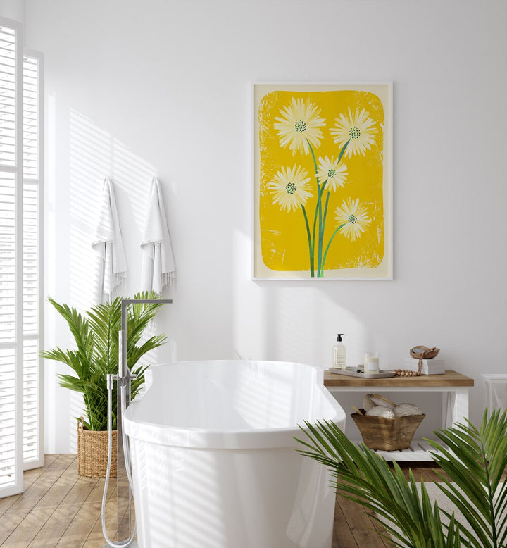 Daisy Bouquet by Kristian Gallagher Botanical Flower Paintings Floral Paintings in White Plain Frame placed on a wall behind a bath tub for bathroon