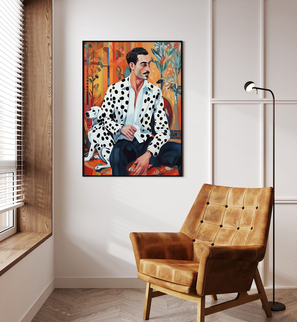 Dalmatian By Uma Gokhale Fashion Poster in Black Plain Frame on a white wall beside an orange chair