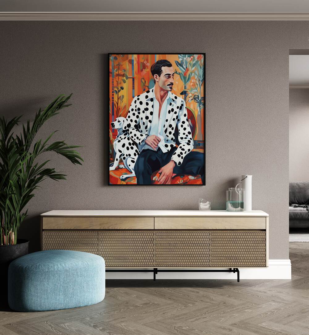 Dalmatian By Uma Gokhale Fashion Poster in Black Plain Frame on a brown wall above a console table