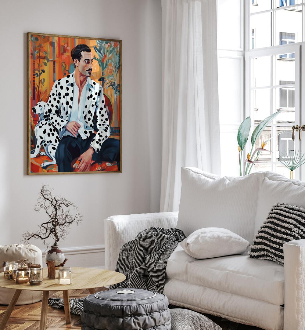 Dalmatian By Uma Gokhale Fashion Poster in Oak Wood Plain Frame on a white wall beside a window