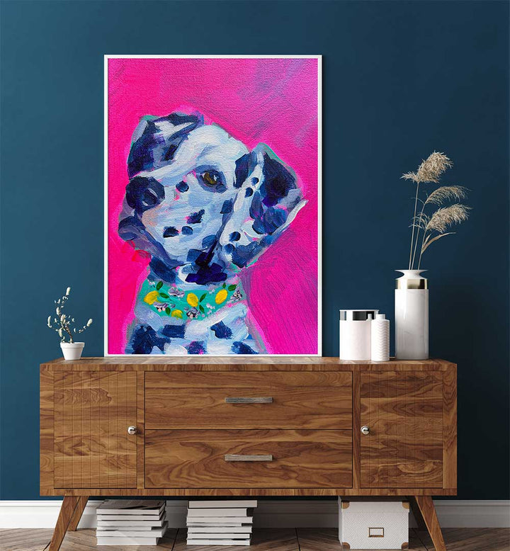 DALMATION , FASHION POSTERS bold pink Dalmatian portrait with black-and-white couture silhouettes, modern gallery print