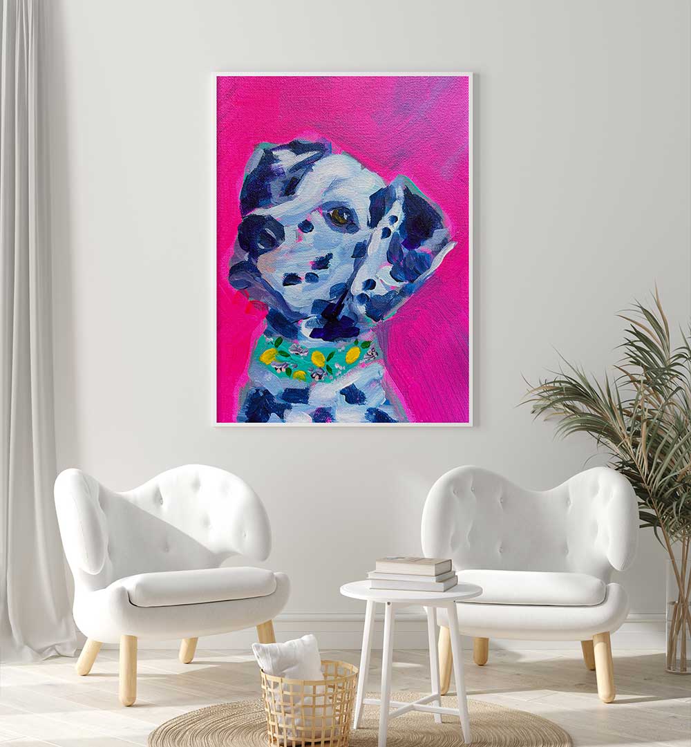 DALMATION , FASHION POSTERS bright pink pop-art Dalmatian portrait with chic collar, modern living room wall decor