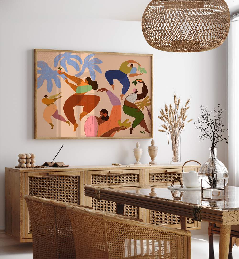 Dance Dance By Arty Guava Wall Art Prints in Oak Wood Plain Frame placed on a White Colored Wall near a Dining Table in the Dining Room