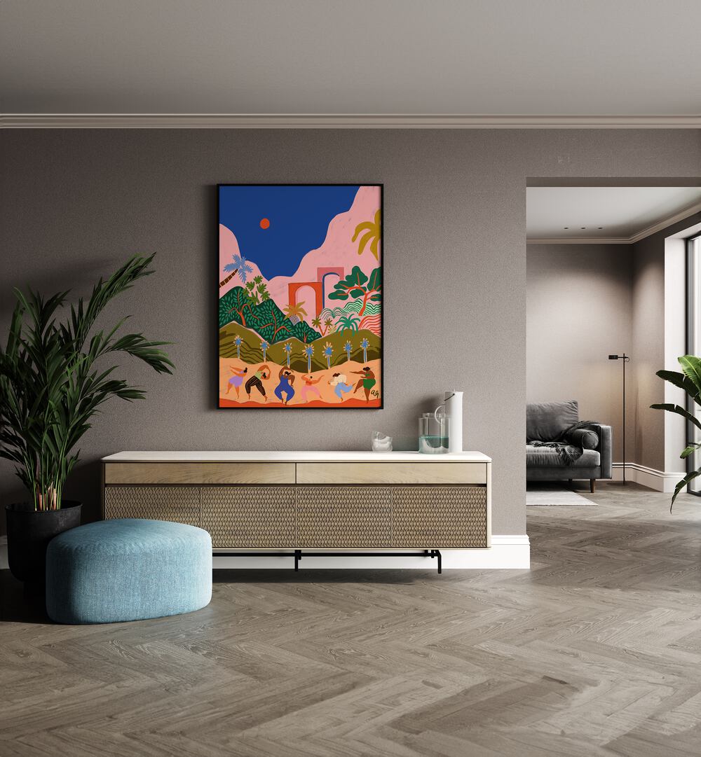 Dancing In Paradise By Arty Guava Wall Art Prints in Black Plain Frame placed on a Beige Colored Wall above a Console Table in the Drawing Room