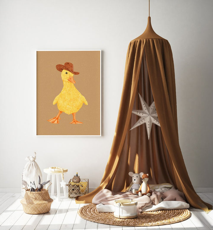 Daphne The Cowgirl Duckling Kids Room Paintings Kids Room Wall Art in White Plain Frame placed on a White Colored Wall in the Kids Room