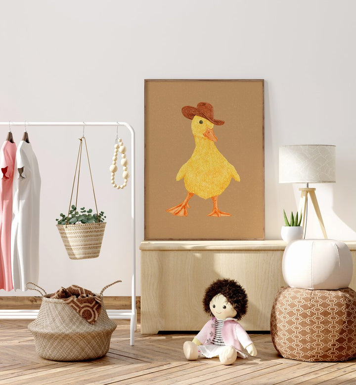 Daphne The Cowgirl Duckling Kids Room Paintings Kids Room Wall Art in Oak Wood Plain Frame placed on a Console Table near a White Colored Wall in the Kids Room