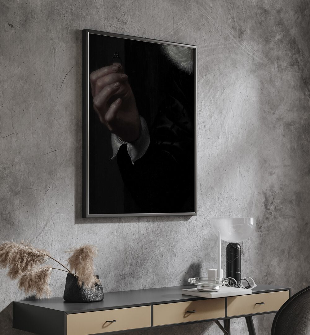 Dark Romance The Royal Gothic Engagement Ring Gothic Art Prints in Black Plain Frame hanging on wall above console table.