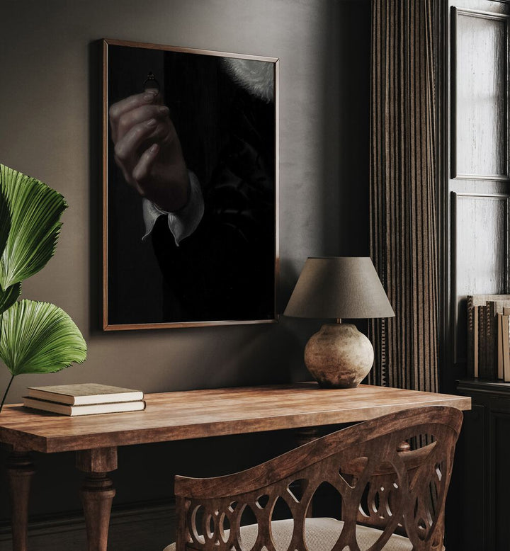 Dark Romance The Royal Gothic Engagement Ring Gothic Art Prints in Oak Wood Plain Frame hanging on wall above study table beside a window.