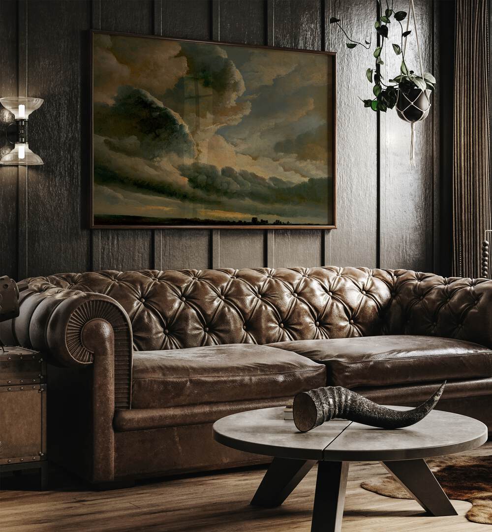 Darkened Heavens Gothic Wall Art Prints in Oak Wood Plain Frame hanging on a wall above brown leather couch beside a window