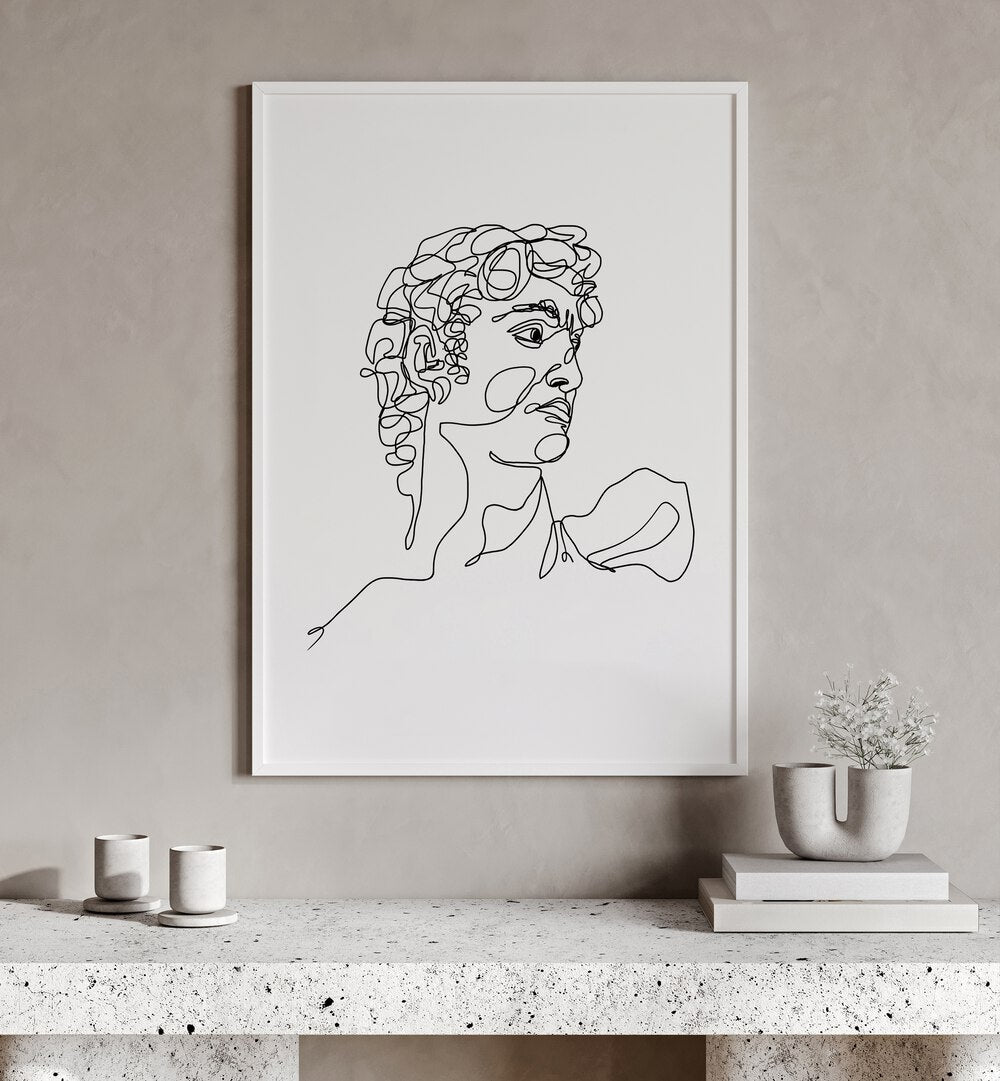 David Iii by Hanna Lee Tidd Line Art Paintings Line Art Prints in White Plain Frame placed on a wall behind a table