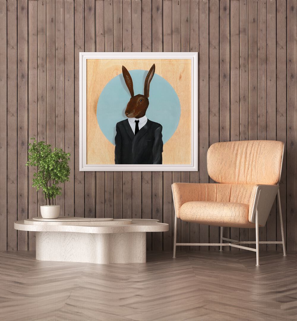 David Lynch Rabbit by Famous When Dead Kids Room Art Kids Paintings in White Plain Frame placed on a wall behind a table and beside a chair