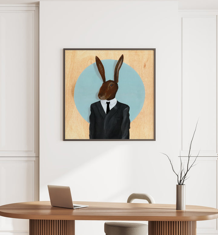 David Lynch Rabbit by Famous When Dead Kids Room Art Kids Paintings in Black Plain Frame placed on a wall behind a workplace table