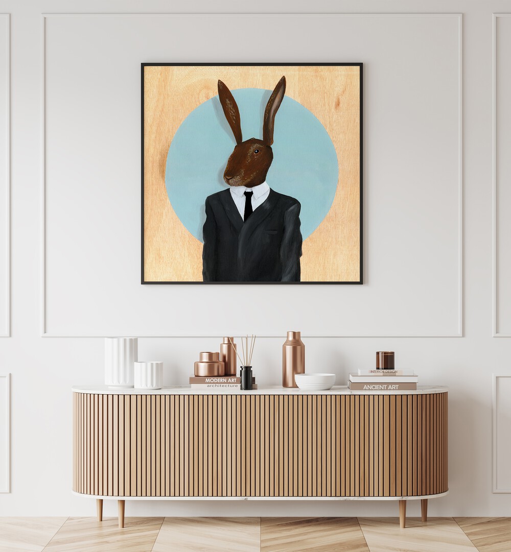 David Lynch Rabbit by Famous When Dead Kids Room Art Kids Paintings in Black Plain Frame placed on a wall behind a console table