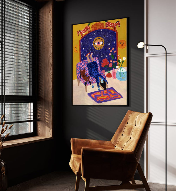 Day Off From Office by Jota De Jai Kids Art Room in Black Plain Frame placed on a wall beside an orange sofa